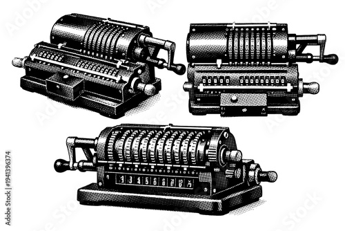 Mechanical Calculator ? stepped drum calculator. A classic stepped drum mechanical calculator with exposed controls and cylindrical mechanism depicted as one