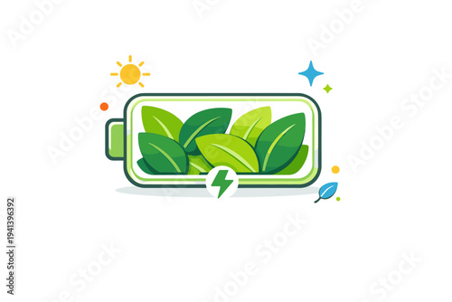 Green energy storage concept visualized as a battery filled with leaf shapes, representing renewable power and responsible energy management. The illustration
