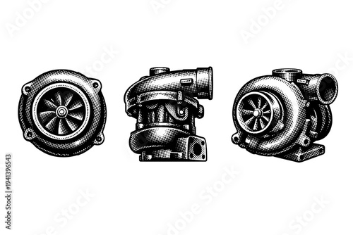 Turbocharger unit displayed in front view, side profile, and three-quarter perspective, accurately representing turbine housing, compressor wheel, and mounting