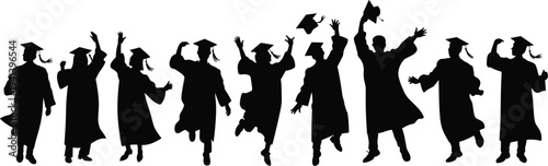 Group of diverse graduates silhouette jumping and celebrating graduation ceremony achievement with caps and gowns isolated on white background panorama