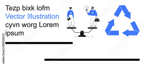 Business ethics, teamwork, innovation, balance, recycling, eco-conscious practices. Two professionals on a scale and a blue recycling symbol. Business ethics and teamwork concept