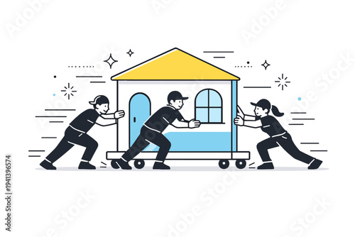 Scene change in motion. Stagehands carefully roll a lightweight set piece across the stage while abstract motion lines and small spark-like accents suggest