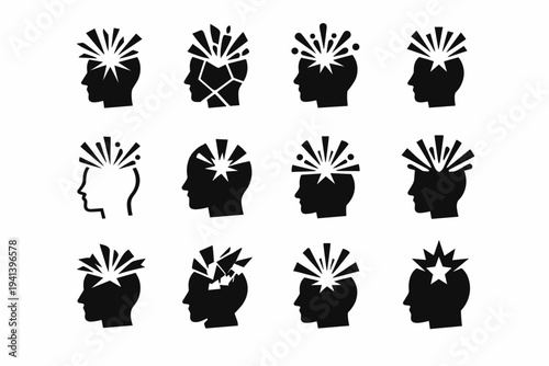 Life-altering realization. Icon set. Set Logo of life-altering realization: mind burst symbol. harmonious logo variations of the same emblematic concept, each