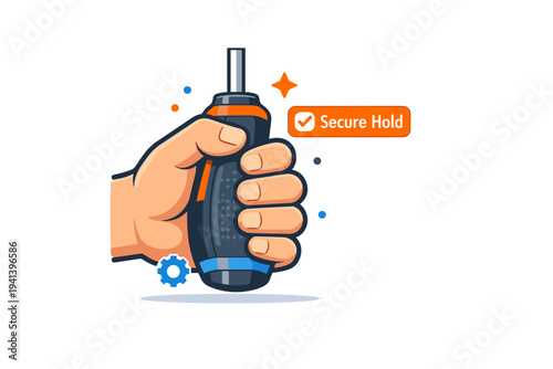 Anti slip screwdriver handle improving safety and efficiency during repairs. The close up of a hand firmly holding a soft grip tool with a small ?Secure Hold?