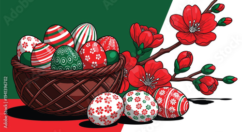 Wicker basket filled with decorated easter eggs and red flowers