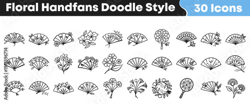 A delightful collection of floral handfans and various plant-themed doodle icons perfect for design projects, showcasing intricate patterns and a charming hand-drawn style.