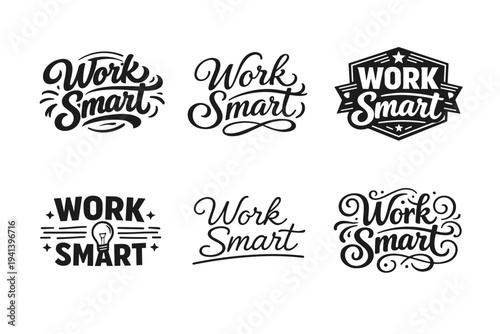 Work Smart. Set lettering. harmonious lettering variations of the same emblematic concept, each with different artistic interpretation (Bold hand-lettering