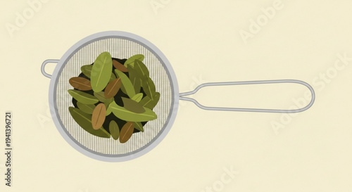 Green and brown almonds in a metal kitchen strainer on a cream background healthy snack concept