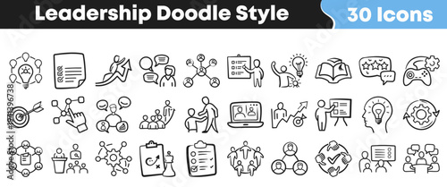 Thirty black and white hand drawn doodle style icons representing various aspects of business leadership and management concepts for presentations.