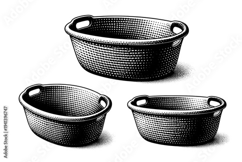 Laundry Basket ? realistic laundry basket with integrated handles and balanced proportions. Black and white dot style with halftone texture and high contrast.
