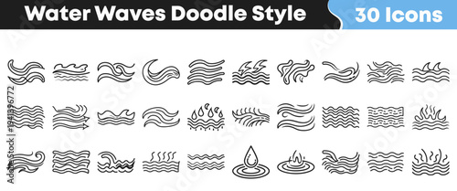 A comprehensive collection of hand-drawn water wave icons in a charming doodle style, perfect for various design projects requiring fluid and organic natural elements.