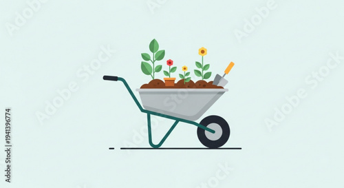 Colorful wheelbarrow with plants and gardening tools on a light green background for spring or gardening concepts