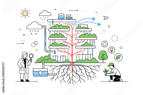 Biocentric architecture as a living system. An editorial illustration of a building visualized like a living organism, with veins, roots, and airflow lines.