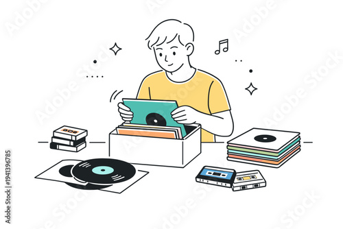 Collecting physical music. A person carefully organizing vinyl sleeves and tapes on a table. Mindful hobby moment focused on touch, order, and appreciation.