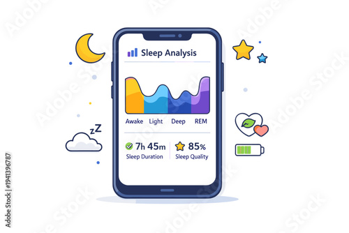 Sleep tracking app focused on a calm smartphone screen displaying sleep cycles with moon and star icons to express rest quality and nightly recovery. The scene