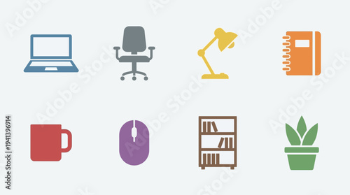 Essential Study Icons: Laptop, Chair, Books, Lamp, Coffee Mug