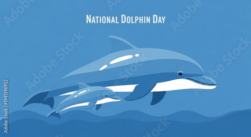 Dolphins swimming together in ocean waves on national dolphin day with blue background