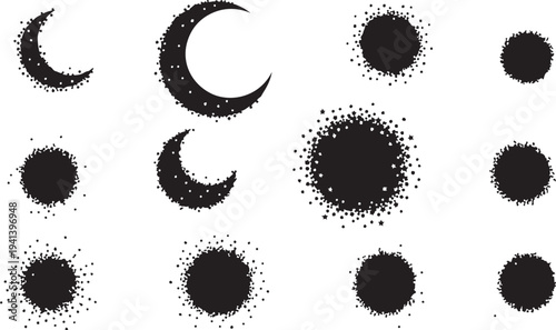 Black moon and sun symbols in various phases illustration