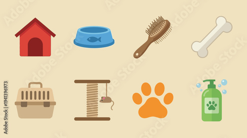 Essential Pet Care Icons: Doghouse, Food Bowl, Carrier, Shampoo