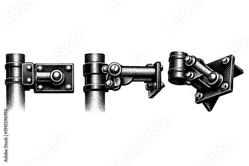 Crosswalk signal mounting bracket A realistic pedestrian signal mounting bracket with metal arm, bolts, and joint details, shown in three views such as front