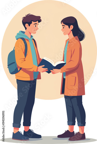 Illustrazione vettoriale che rappresenta un uomo e una donna mentre trasmettono la parola leggendo da un libro sacro. La scena comunica spiritualità, condivisione del sapere e diffusione del messaggio