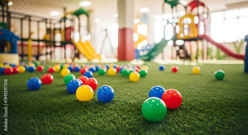 Colorful balls scattered on green floor in indoor playground with slides and play structures