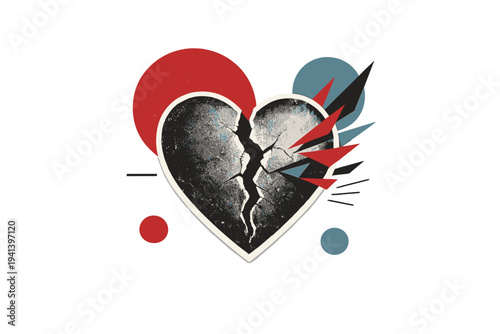 A black and white retro photograph of a human heart symbol visually cracked in the center, realistic vintage texture, cut-out with a white outline, combined