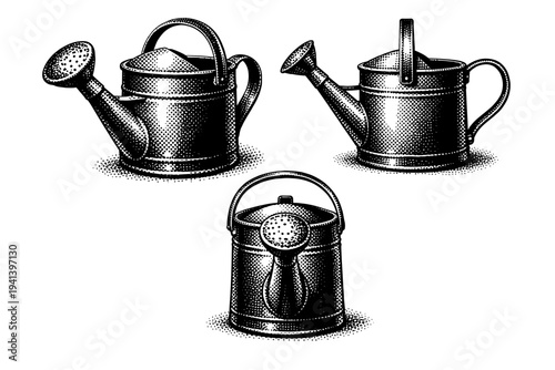 Watering Can ? realistic vintage-style watering can with simple geometry and metal texture. Black and white dot style with halftone texture and high contrast.