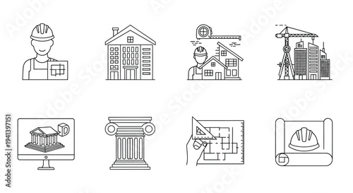 Construction icons depicting architects buildings and related tools