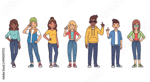 Diverse group of young adults standing together in a cartoon style