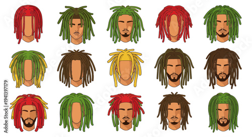 Diverse Dreadlock Hairstyles Collection, Men's Hair, Vector Art