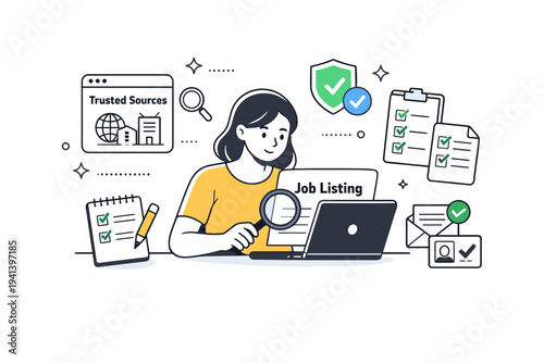 Fake job postings prevention. Person verifying a job listing through trusted sources, checklist and verification icons nearby. Scene emphasizes awareness,