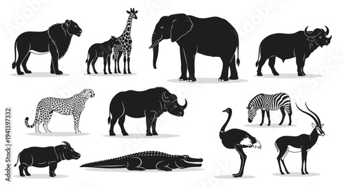 Silhouette collection of african animals for wildlife safari and nature themes