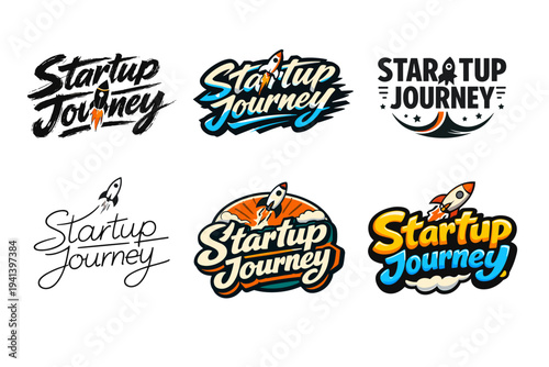 Startup Journey. Set lettering. harmonious lettering variations of the same emblematic concept, each with different artistic interpretation (Grunge textured