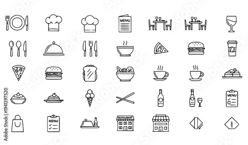 Restaurant Thin Line Icons with Meal, Menu, Food, and Cutlery Minimal Symbols Vector
