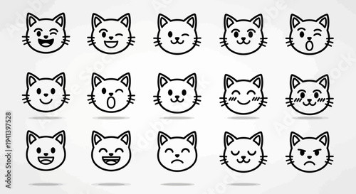 Cartoon cat faces in various emotions and expressions white background