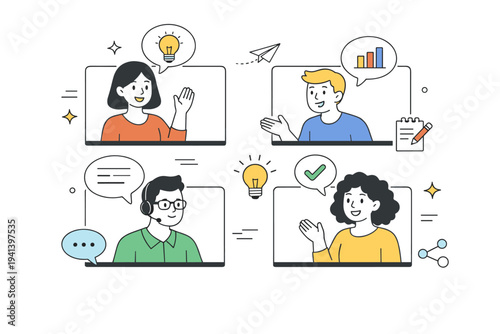 Online team meetings. People appearing in simple video call frames, exchanging ideas with speech bubbles and small icons. A calm scene showing clear