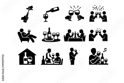 Wine Consumption. Solid icon set of Wine Consumption: opening bottle moment, first pour, shared wine, wine celebration, relaxed drinking, dinner wine, romantic