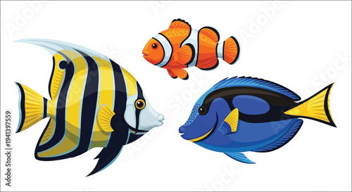 Three colorful tropical fish swim together in a vibrant illustration