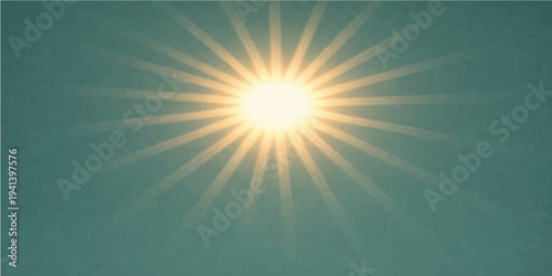 A bright summer sun shines in the blue sky, casting golden rays and a glowing flare over a natural sunrise background for a serene sunshine design