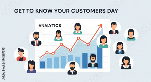 Get to know your customers day concept with analytics graph and diverse people icons around it