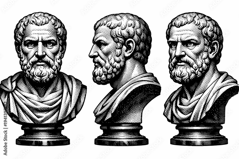 Obraz premium Roman philosopher bust ? A Roman philosopher bust illustrated as the same object in three views, focusing on mature facial expression, beard texture, and