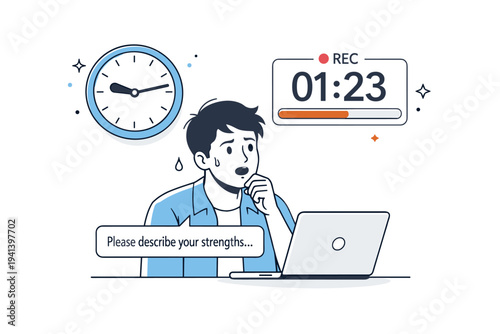 Recorded one-way interview stress time limit. A person watching a recording timer while answering a question on screen, expressing pressure and limited