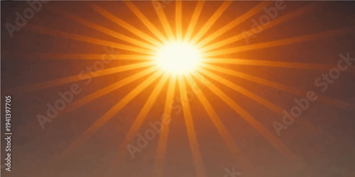 An abstract summer design featuring a bright yellow sun explosion with orange rays and glowing sunlight energy bursting across a warm sunset sky background