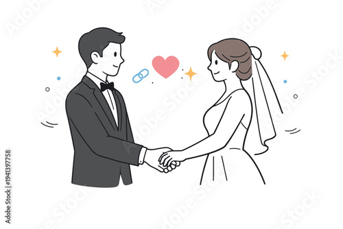 Bride and groom holding hands. Symbolic scene of the couple holding hands, expressing trust and unity. Soft romantic mood with subtle heart or connection