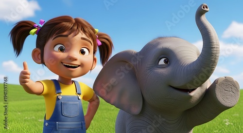 Little girl and happy elephant cartoon characters in green field