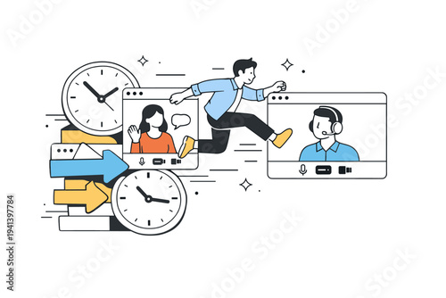 Back-to-back meetings. A worker jumping between video call windows as clocks and arrows stack closely together. Continuous scheduling leaving no space for