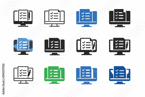 Content planner on desktop. Icon set. Set Logo of Content planner on desktop: checklist document on screen. harmonious logo variations of the same emblematic