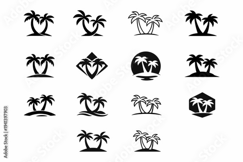 palm trees. Icon set. Set Logo of palm trees: twin palms. harmonious logo variations of the same emblematic concept, each with different artistic