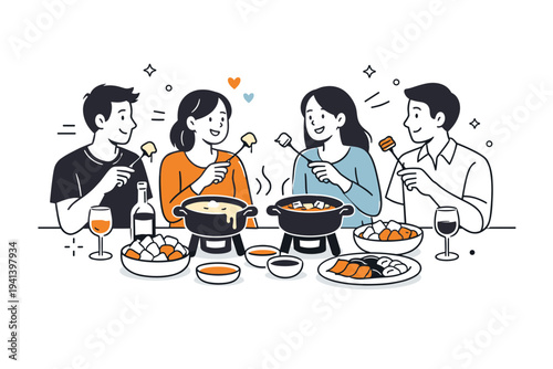 Hosting a fondue night. Friends gathered around a table with shared fondue pots, relaxed gestures and warm interaction. The scene shows cozy hosting and easy